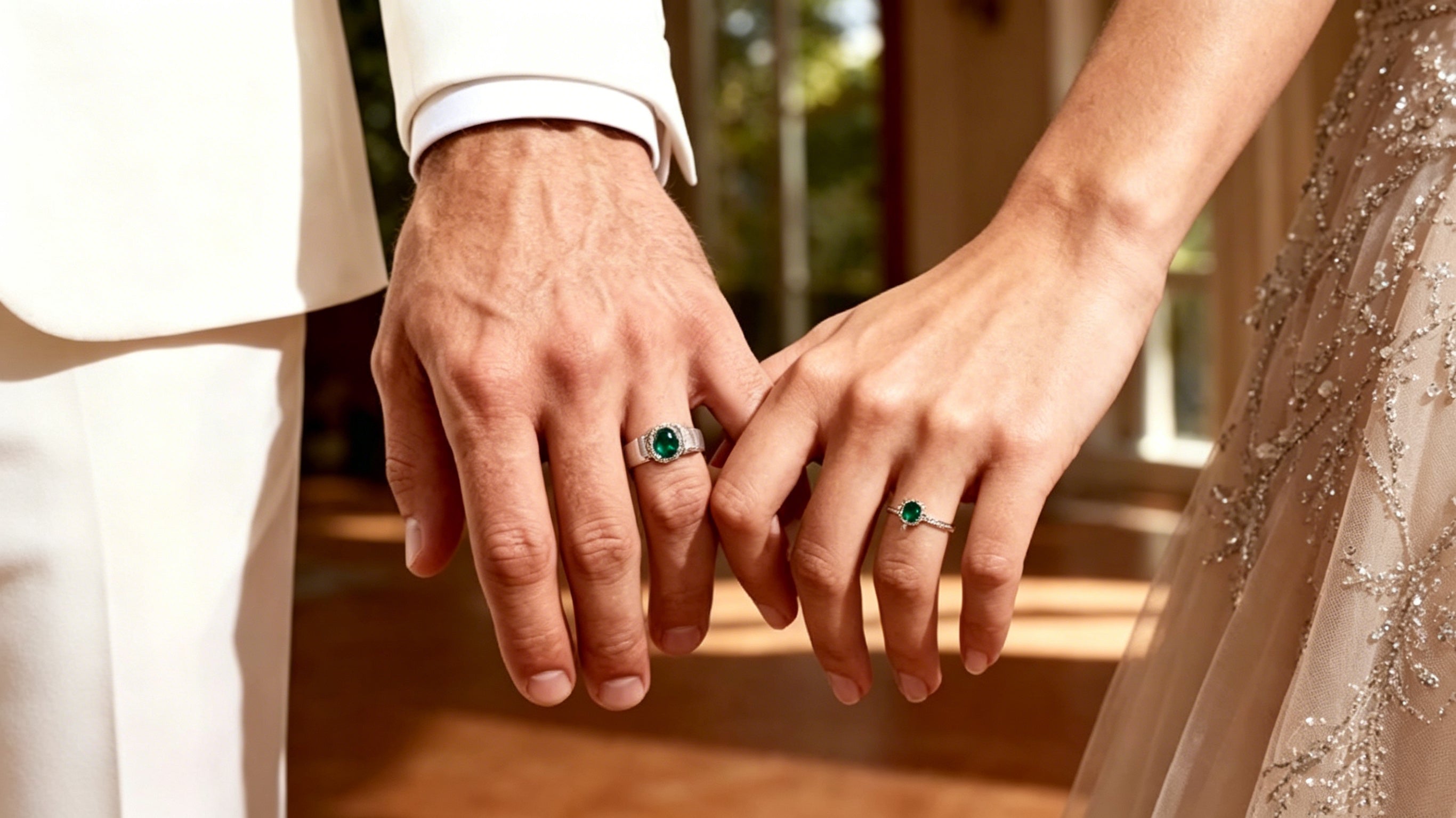 A couple wear a emerald promise ring on their left ring finger
