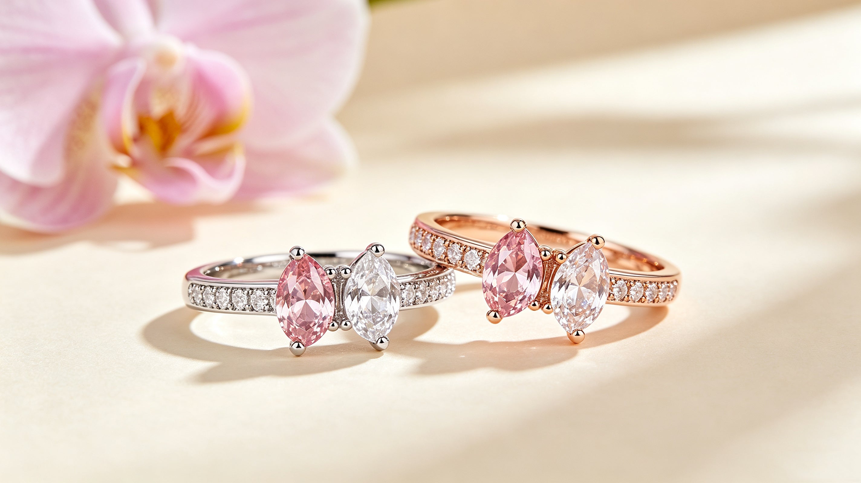 Two toi et moi rings with morganite and diamond gems