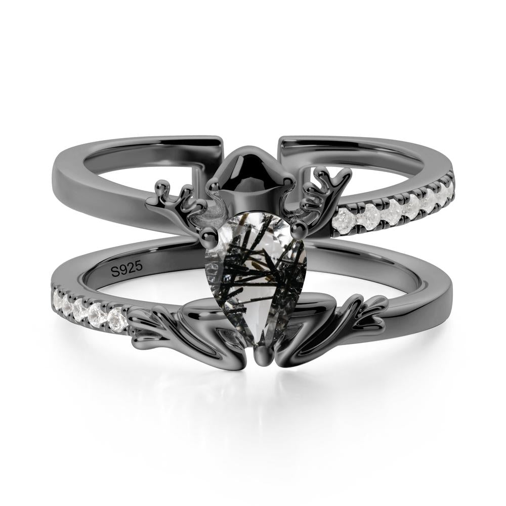 Black Rutilated Quartz Frog Double Band Ring - LUO Jewelry #metal_black finish sterling silver