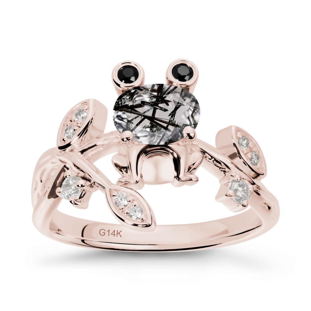 Black Rutilated Quartz Frog Ring with Twisting Leaves and Branches - LUO Jewelry #metal_14k rose gold