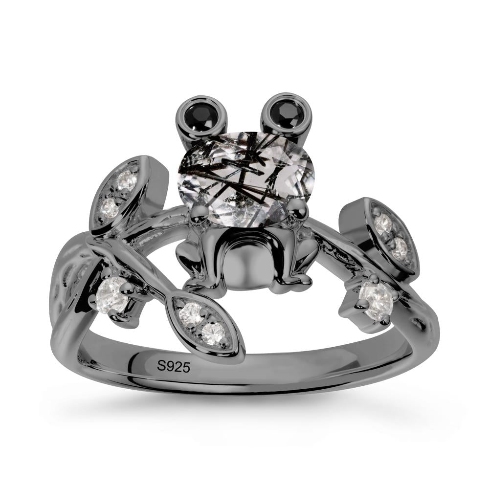 Black Rutilated Quartz Frog Ring with Twisting Leaves and Branches - LUO Jewelry #metal_black finish sterling silver
