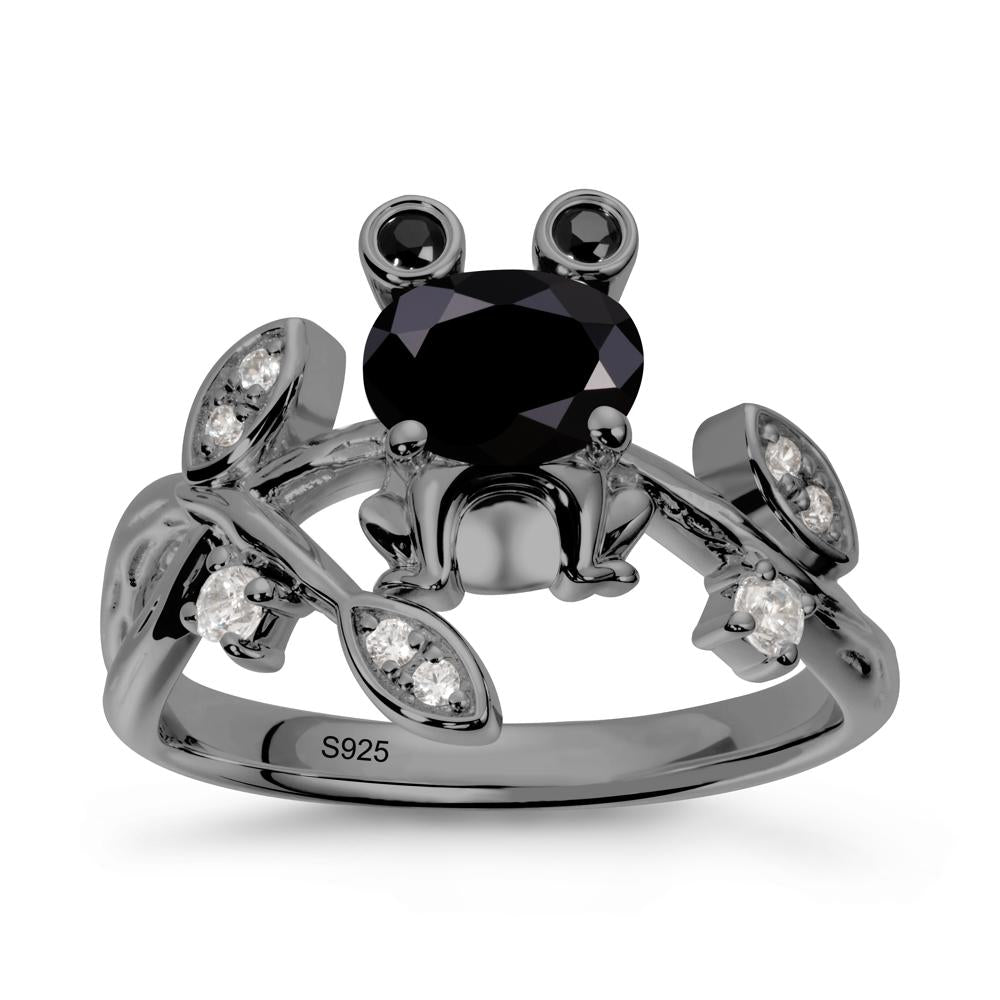 Oval Shaped Black Spinel Frog Ring - LUO Jewelry #metal_black finish sterling silver