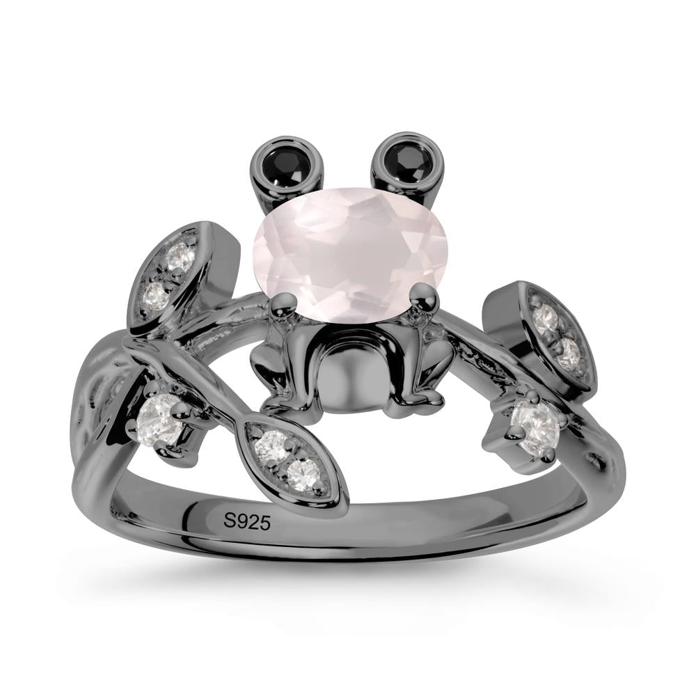 Rose Quartz Frog Ring with Twisting Leaves and Branches - LUO Jewelry #metal_black finish sterling silver