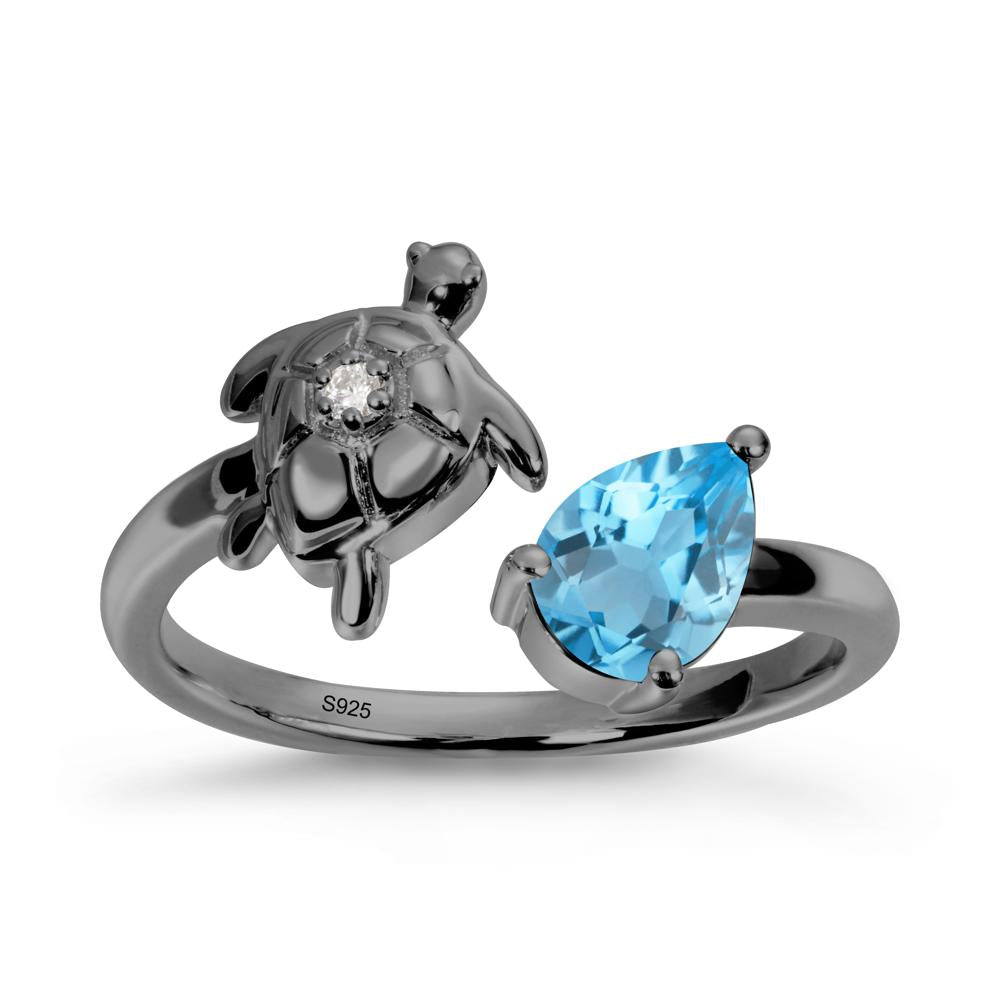 Swiss Blue Topaz Turtle Open Bypass Ring - LUO Jewelry #metal_black finish sterling silver