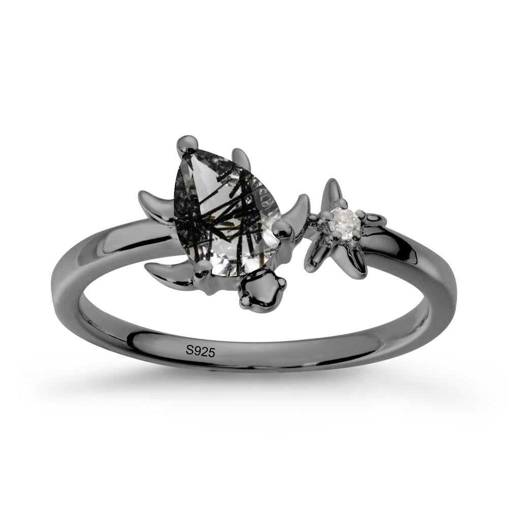 Turtle and Starfish Black Rutilated Quartz Ring - LUO Jewelry #metal_black finish sterling silver