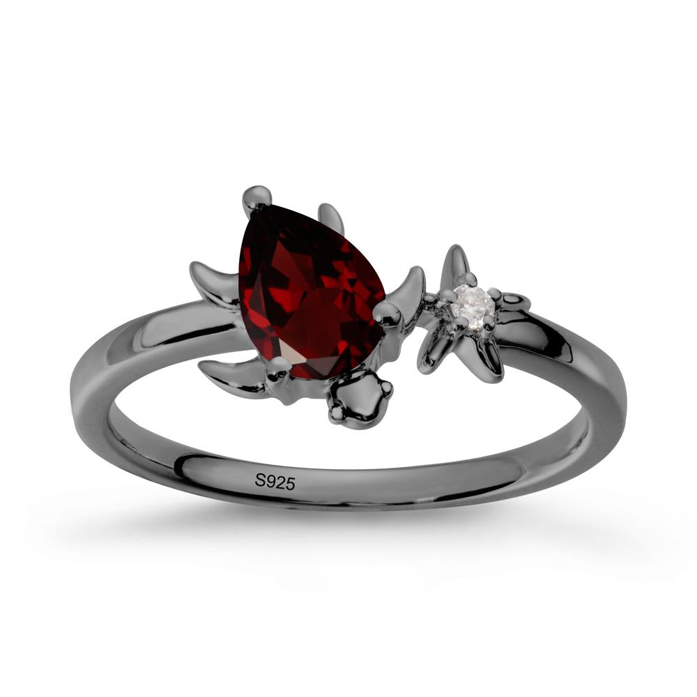 Pear Garnet Turtle and Starfish Ring - LUO Jewelry #metal_black finish sterling silver