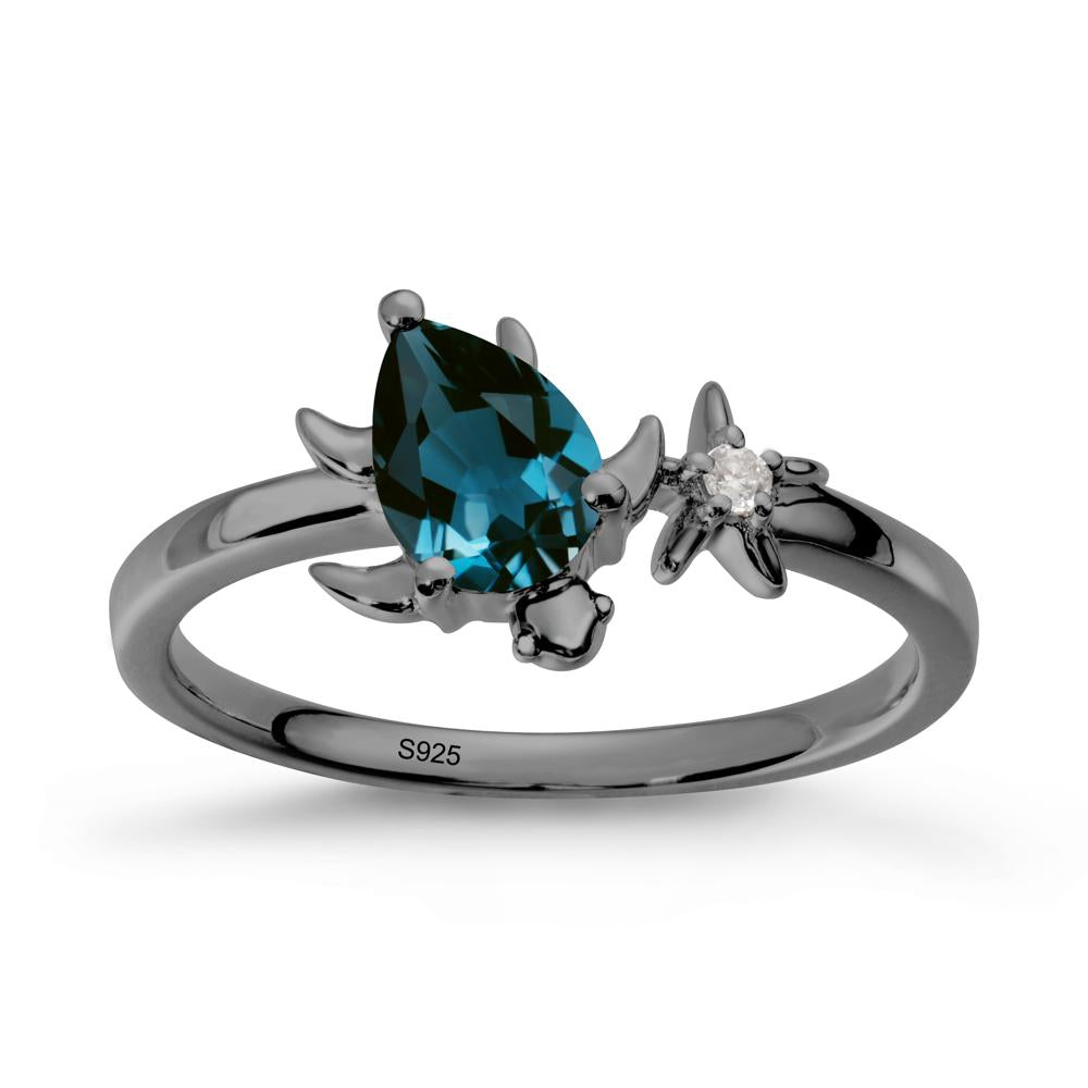 Pear London Blue Topaz Turtle and Starfish Ring - LUO Jewelry #metal_black finish sterling silver