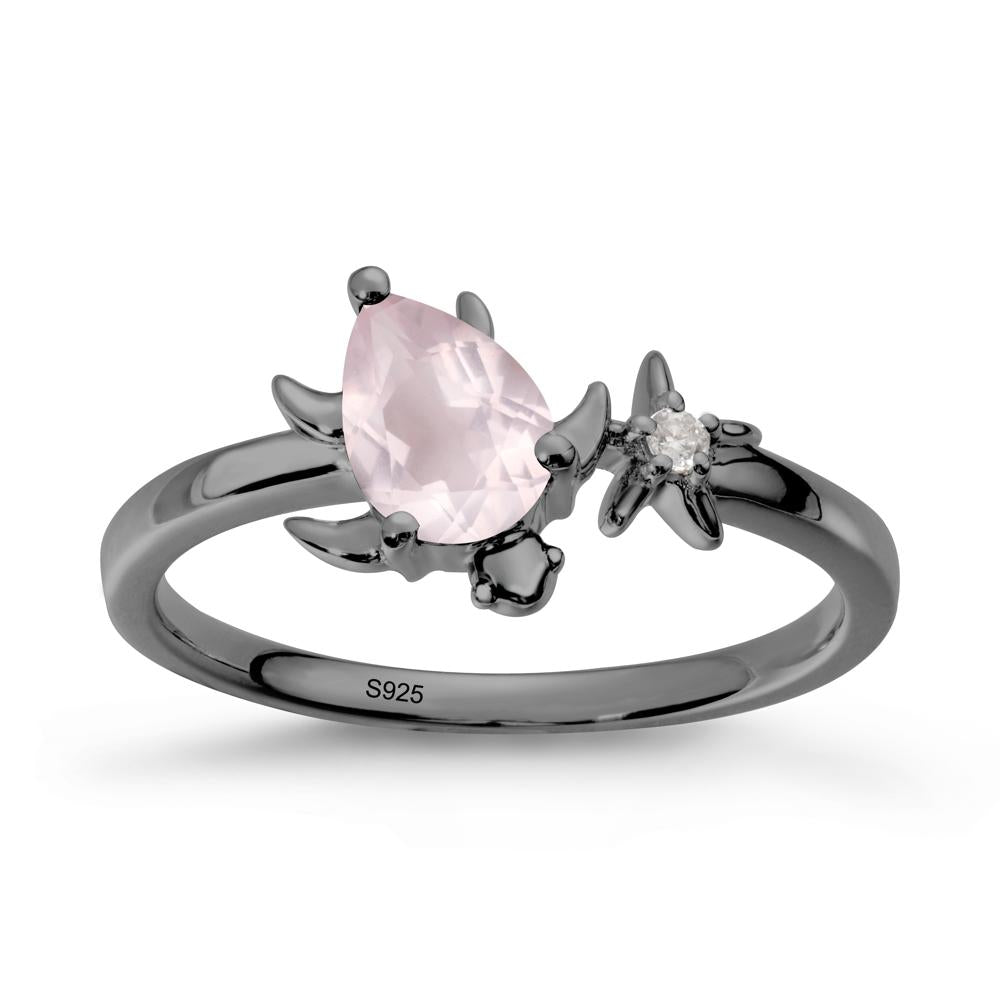 Pear Rose Quartz Turtle and Starfish Ring - LUO Jewelry #metal_black finish sterling silver