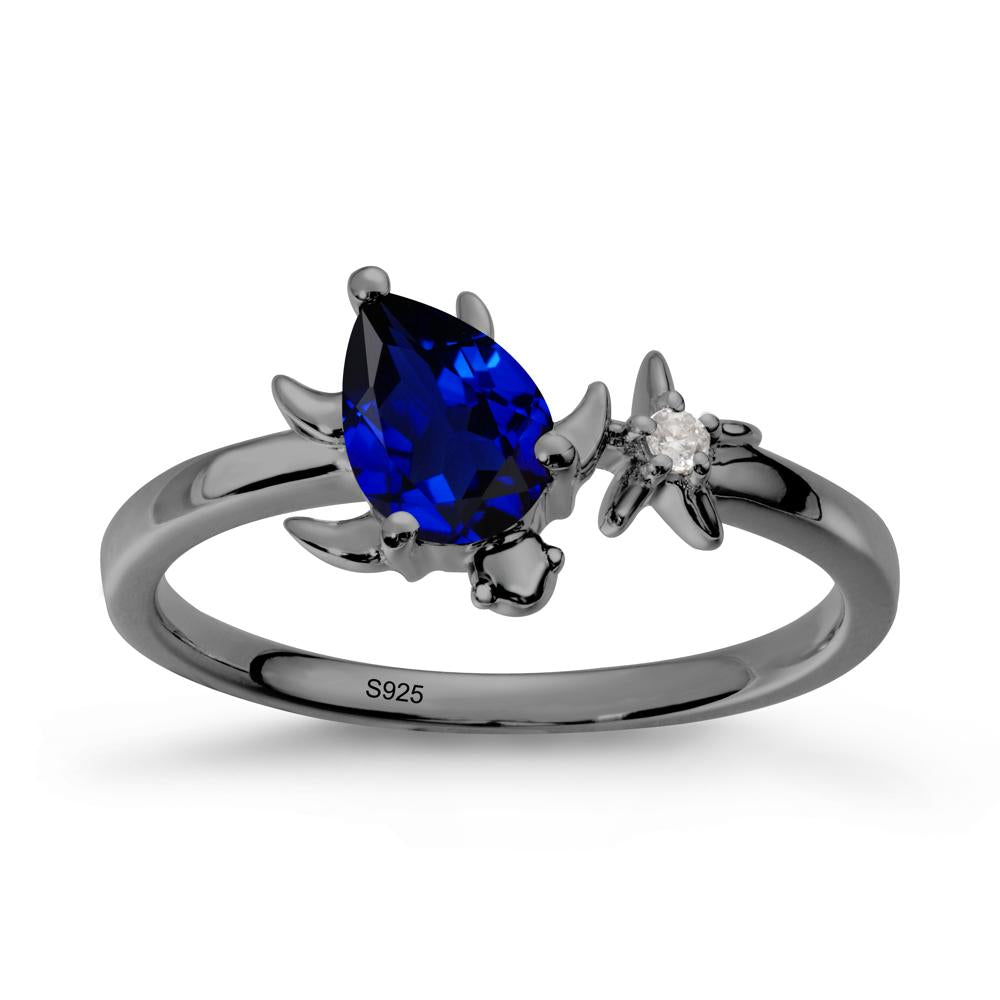Pear Sapphire Turtle and Starfish Ring - LUO Jewelry #metal_black finish sterling silver
