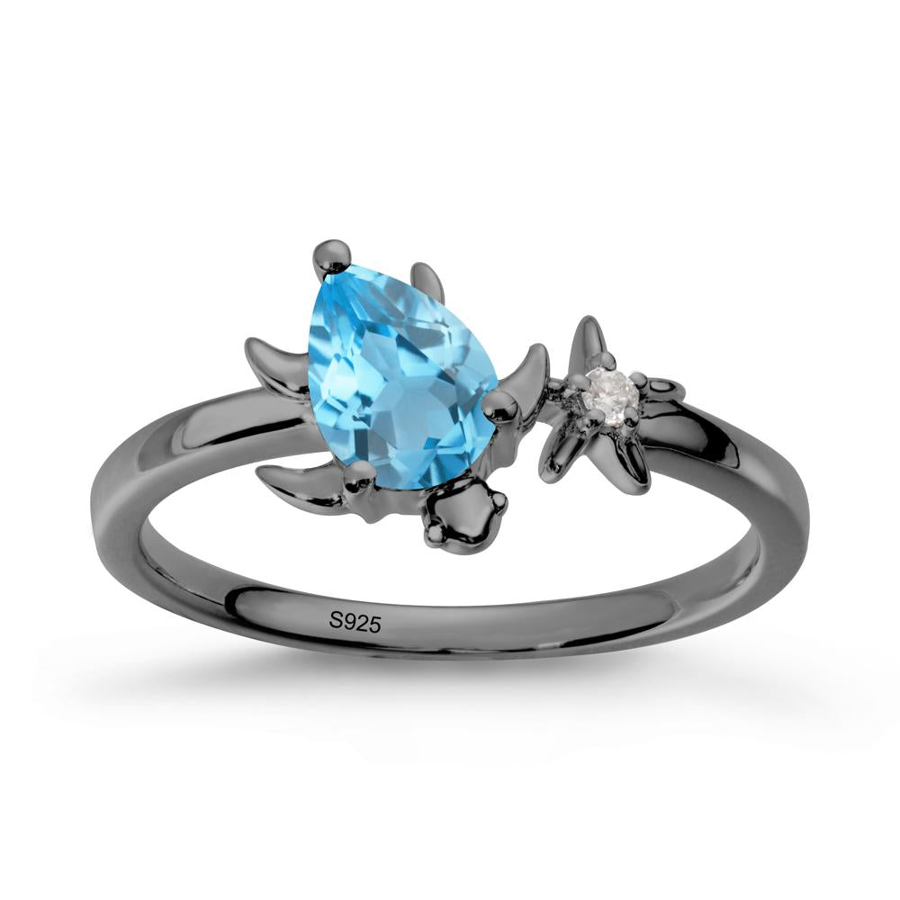 Pear Swiss Blue Topaz Turtle and Starfish Ring - LUO Jewelry #metal_black finish sterling silver