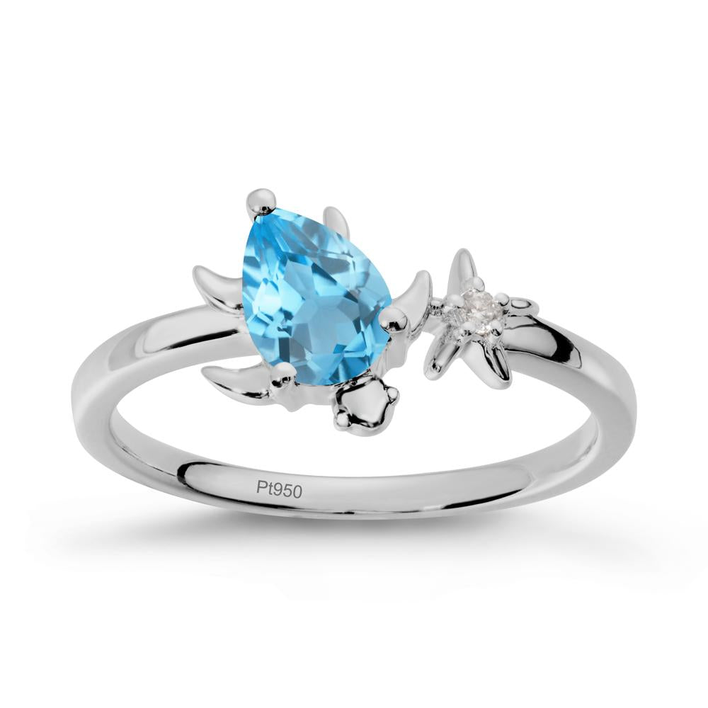 Pear Swiss Blue Topaz Turtle and Starfish Ring - LUO Jewelry #metal_platinum