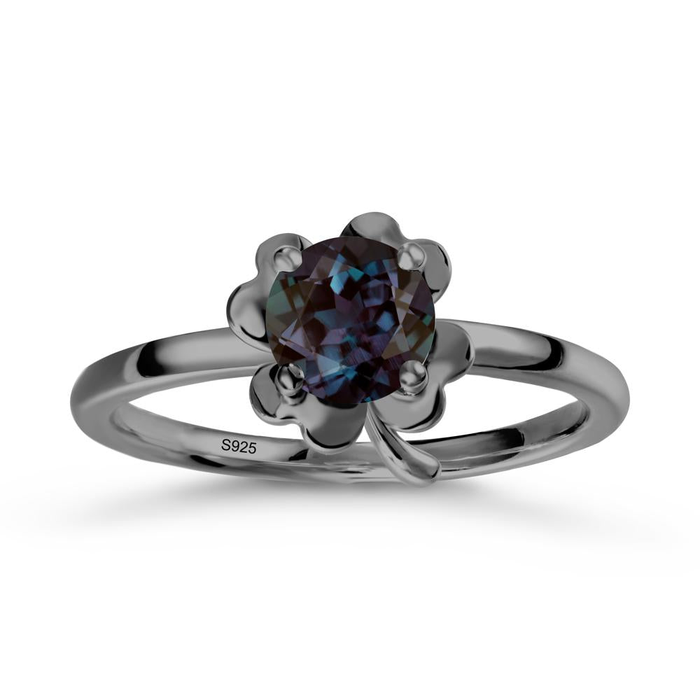 Round Alexandrite Four Leaf Clover Ring - LUO Jewelry #metal_black finish sterling silver