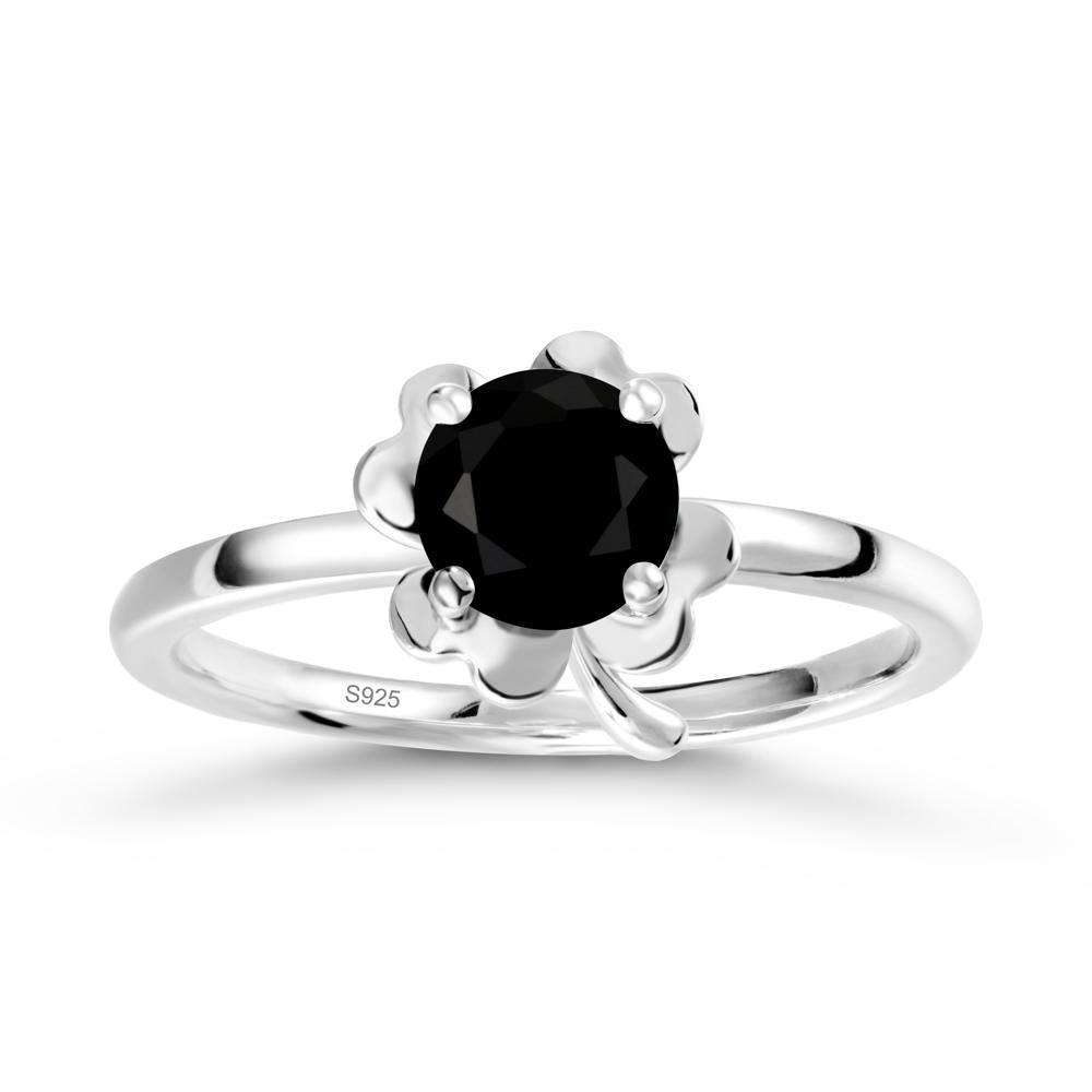 Round Black Spinel Four Leaf Clover Ring - LUO Jewelry #metal_sterling silver