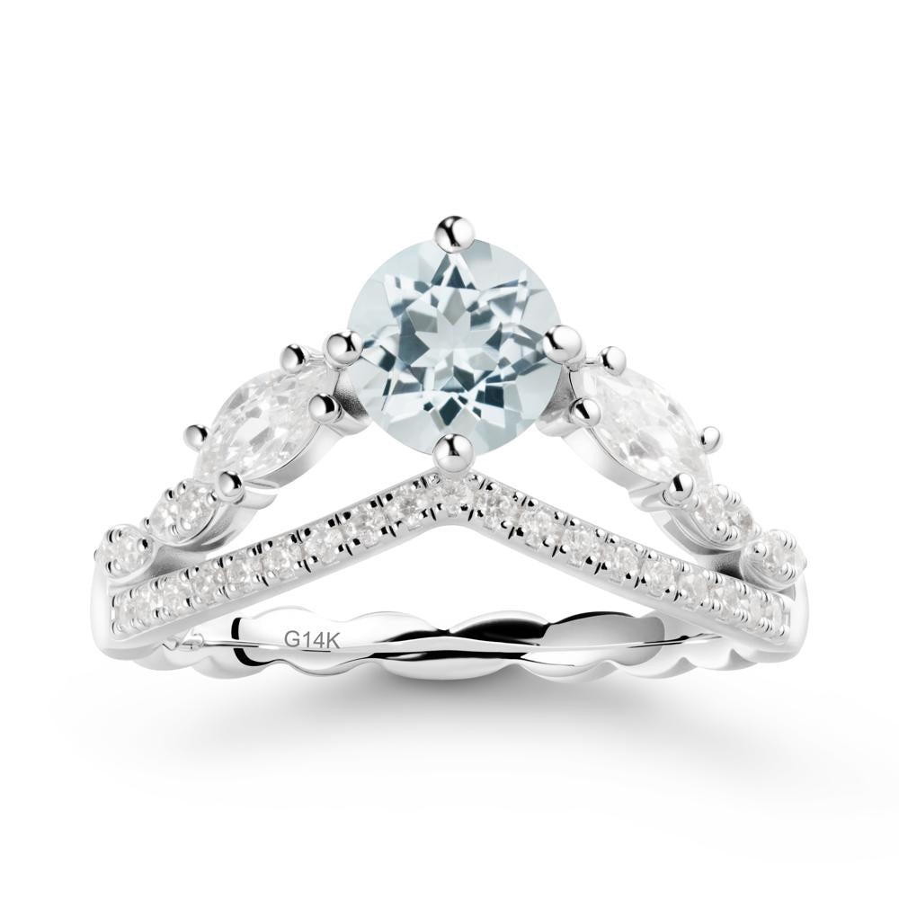 Round Aquamarine Crown Ring with Leaf - LUO Jewelry #metal_14k white gold