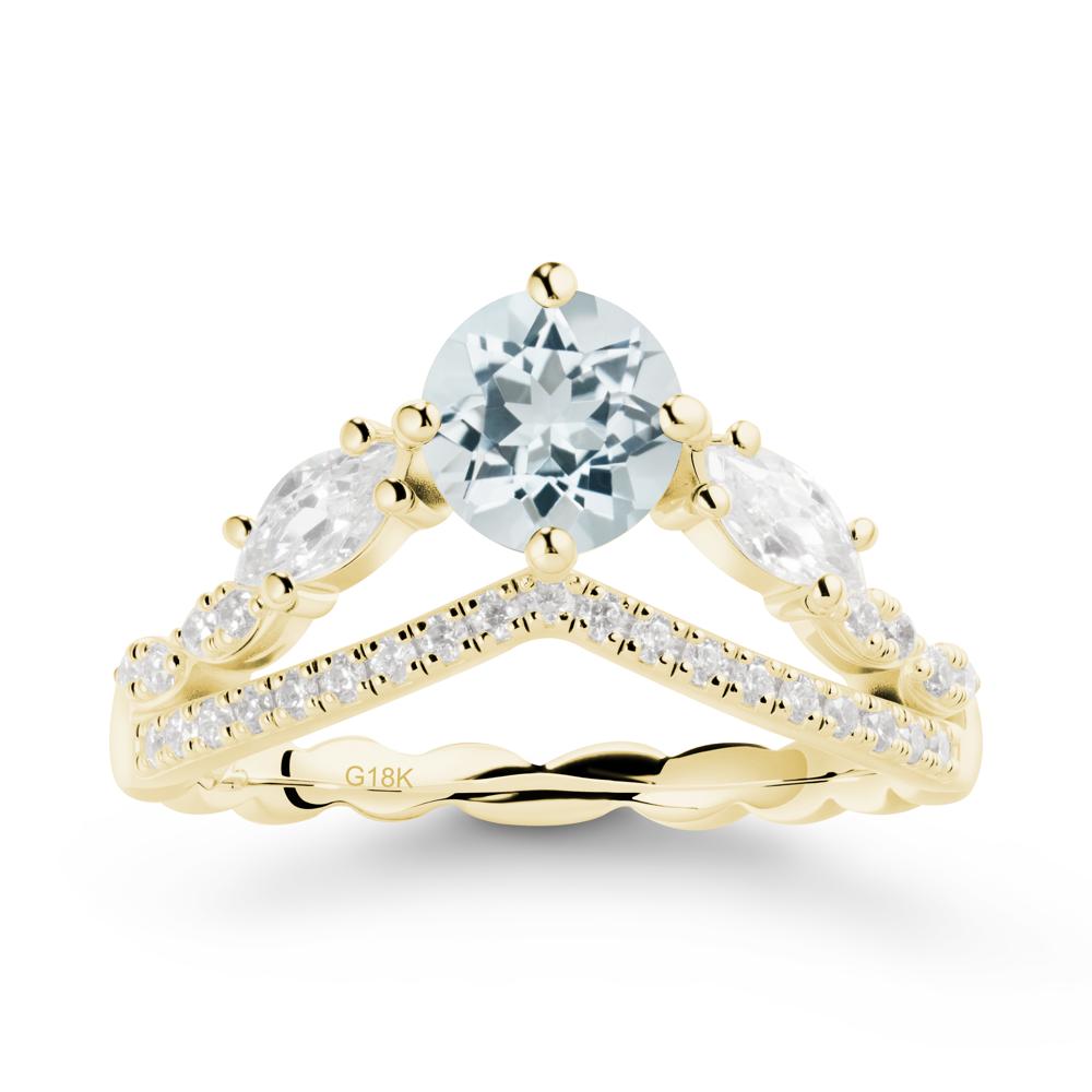 Round Aquamarine Crown Ring with Leaf - LUO Jewelry #metal_18k yellow gold