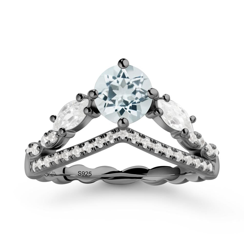 Round Aquamarine Crown Ring with Leaf - LUO Jewelry #metal_black finish sterling silver