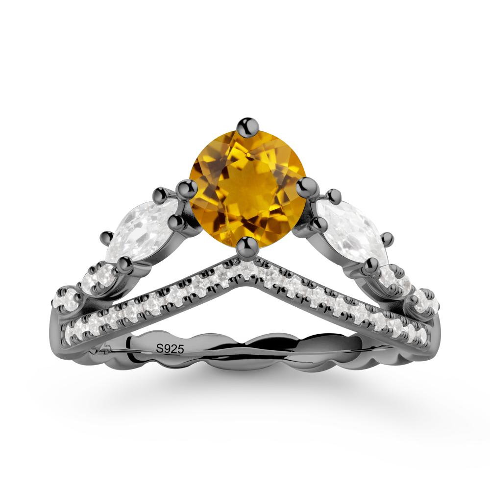 Round Citrine Crown Ring with Leaf - LUO Jewelry #metal_black finish sterling silver