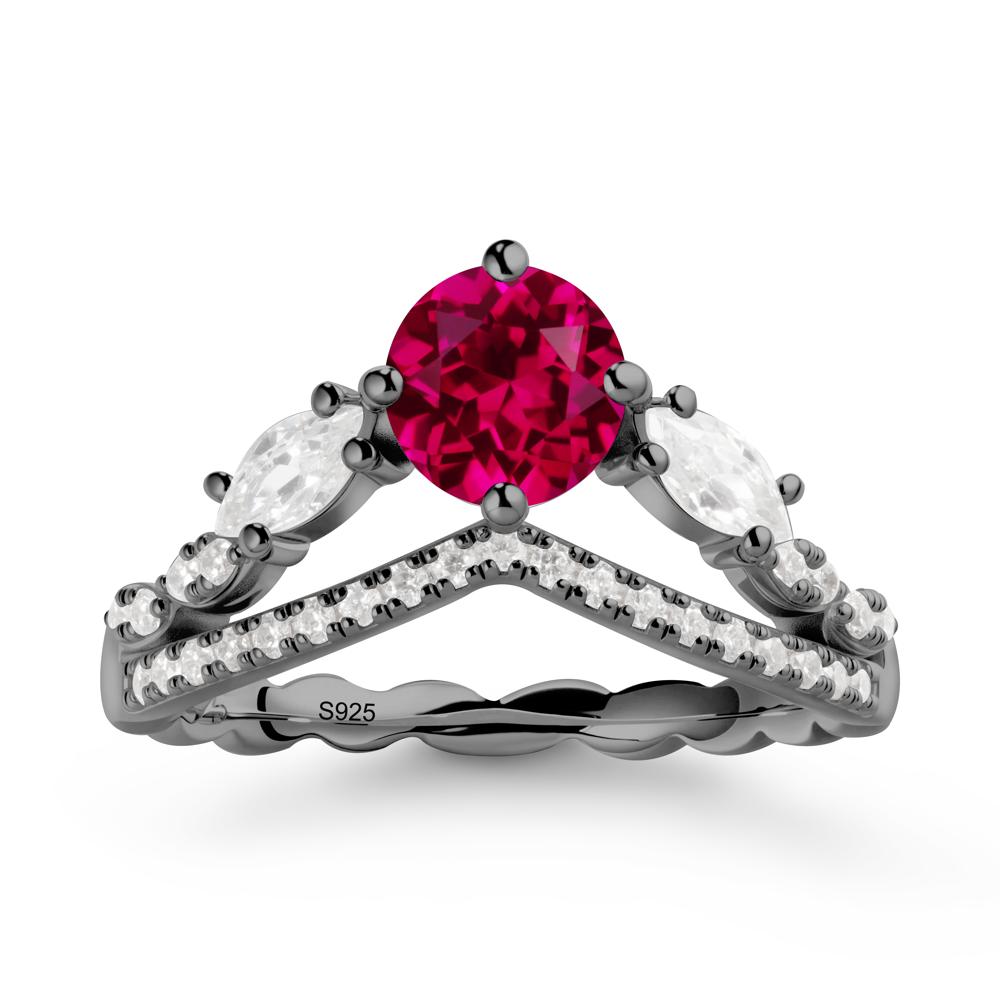 Round Ruby Crown Ring with Leaf - LUO Jewelry #metal_black finish sterling silver