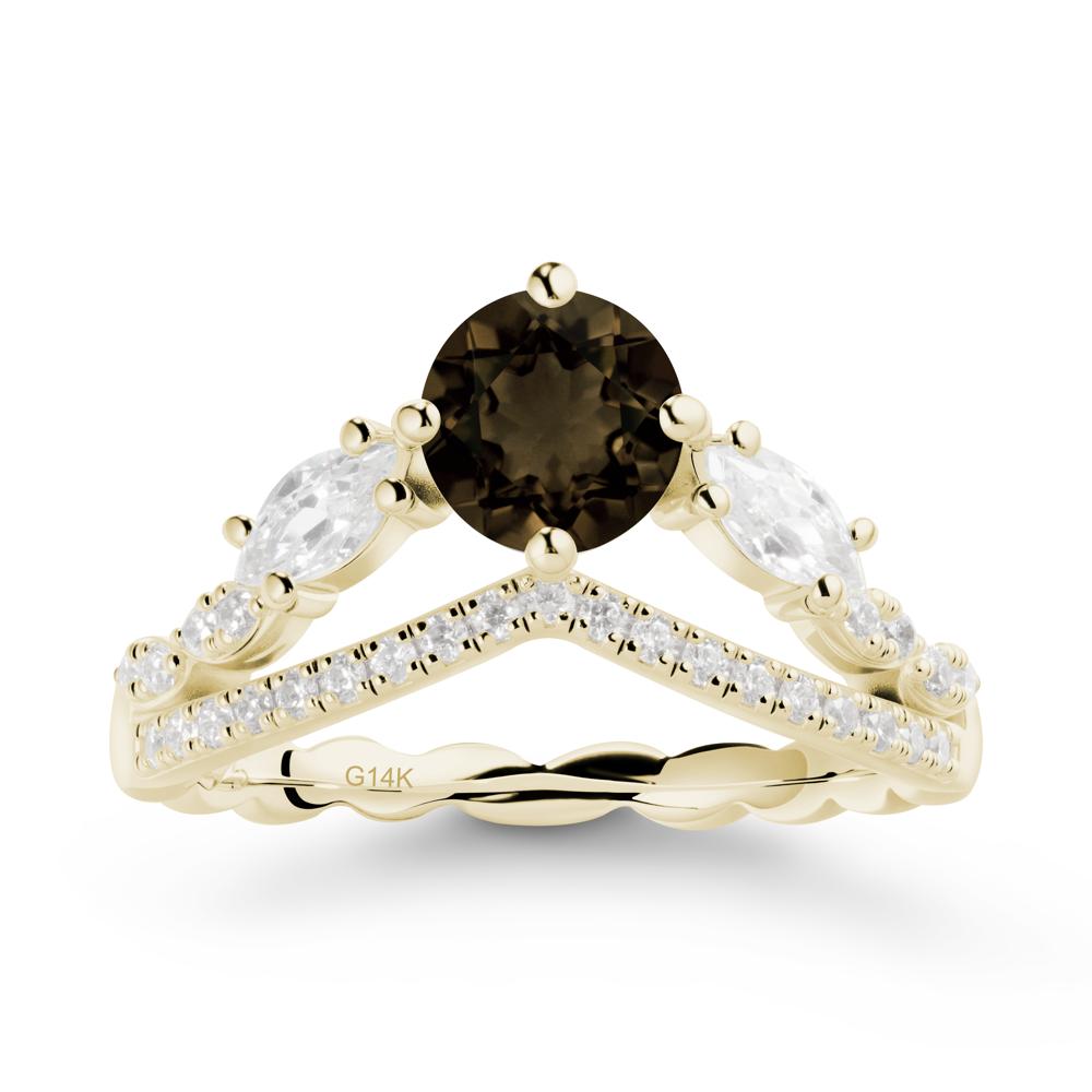 Round Smoky Quartz Crown Ring with Leaf - LUO Jewelry #metal_14k yellow gold