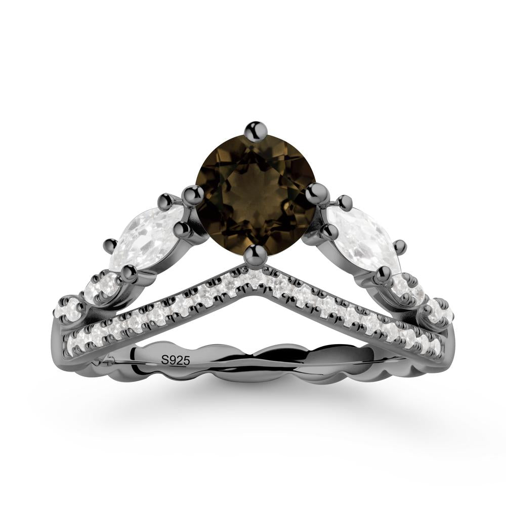 Round Smoky Quartz Crown Ring with Leaf - LUO Jewelry #metal_black finish sterling silver