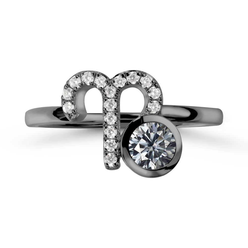 Round Grey Moissanite Aries Zodiac Ring-Bold & Ambitious - LUO Jewelry #metal_black finish sterling silver