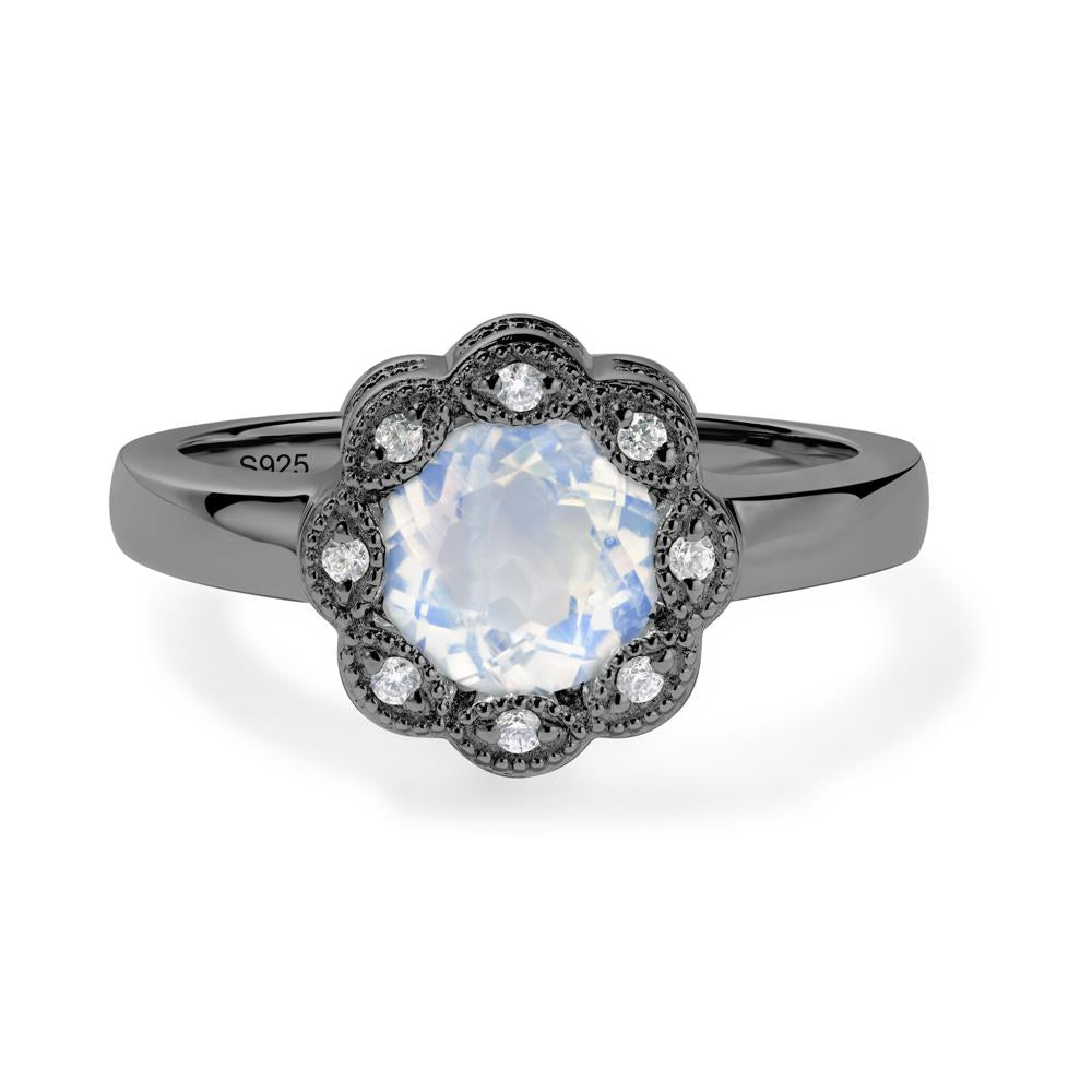 Vintage Moonstone Halo Flower Ring - LUO Jewelry #metal_black finish sterling silver