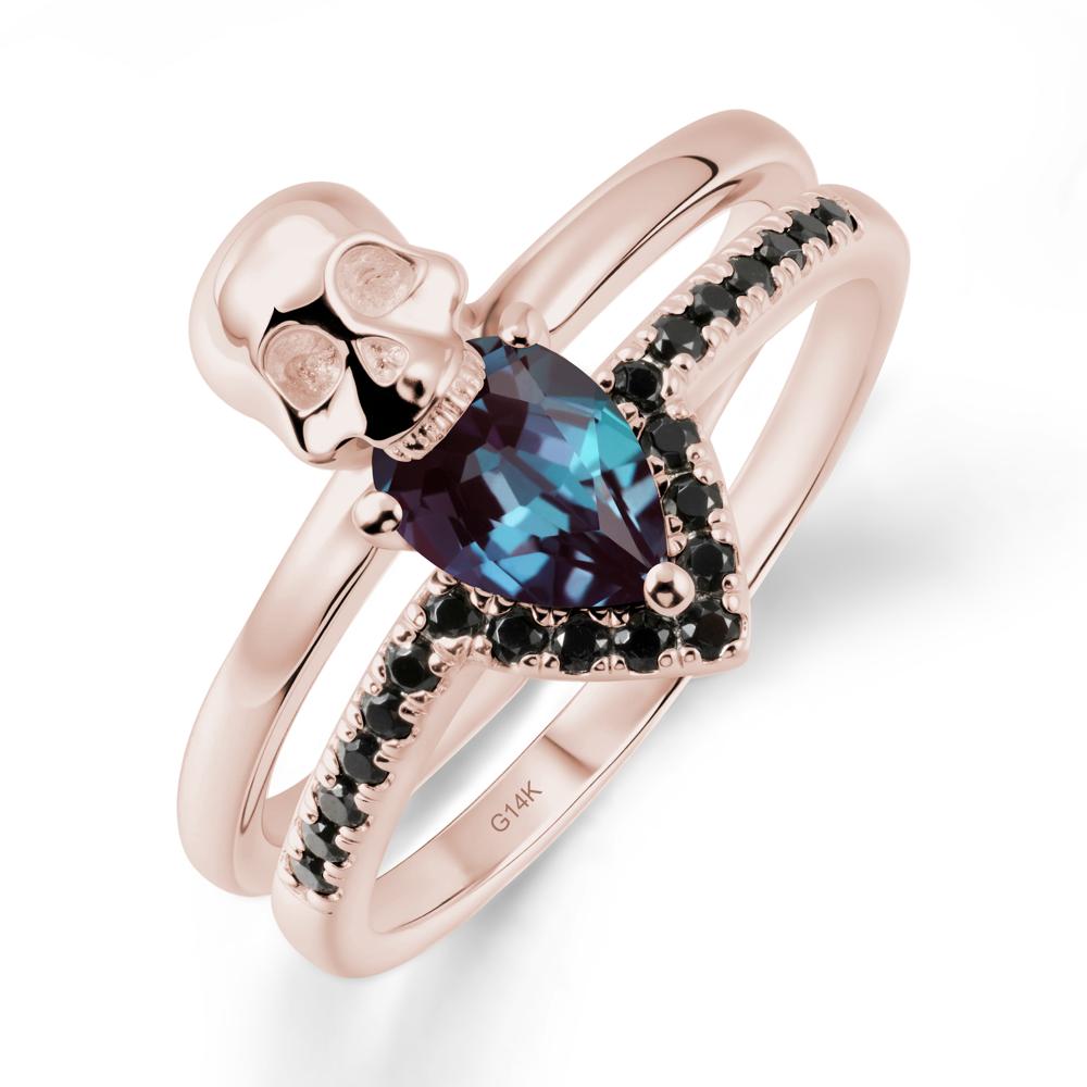 Double Band Skull Alexandrite and Black Spinel Ring - LUO Jewelry #metal_14k rose gold