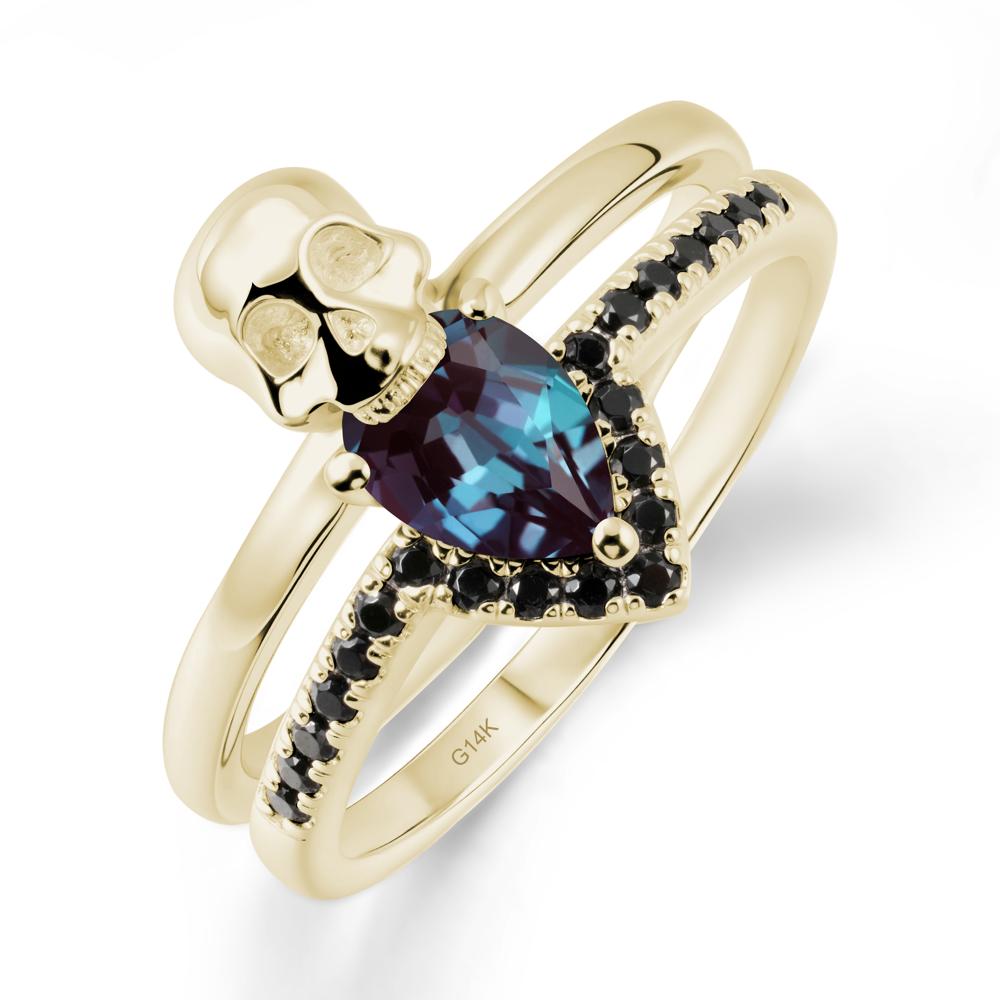 Double Band Skull Alexandrite and Black Spinel Ring - LUO Jewelry #metal_14k yellow gold