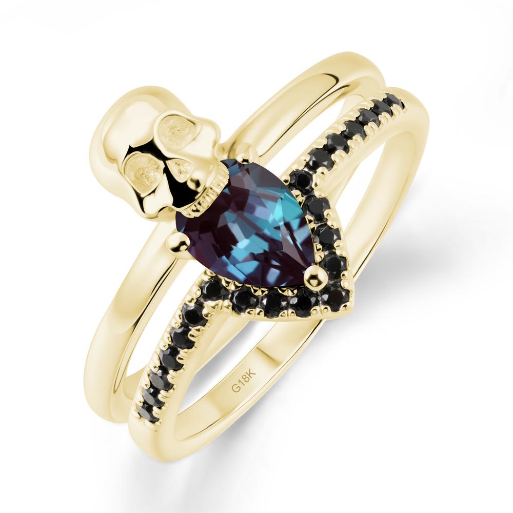 Double Band Skull Alexandrite and Black Spinel Ring - LUO Jewelry #metal_18k yellow gold