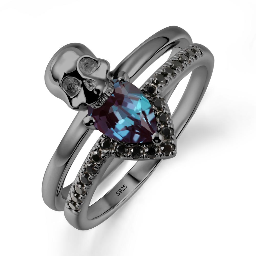 Double Band Skull Alexandrite and Black Spinel Ring - LUO Jewelry #metal_black finish sterling silver