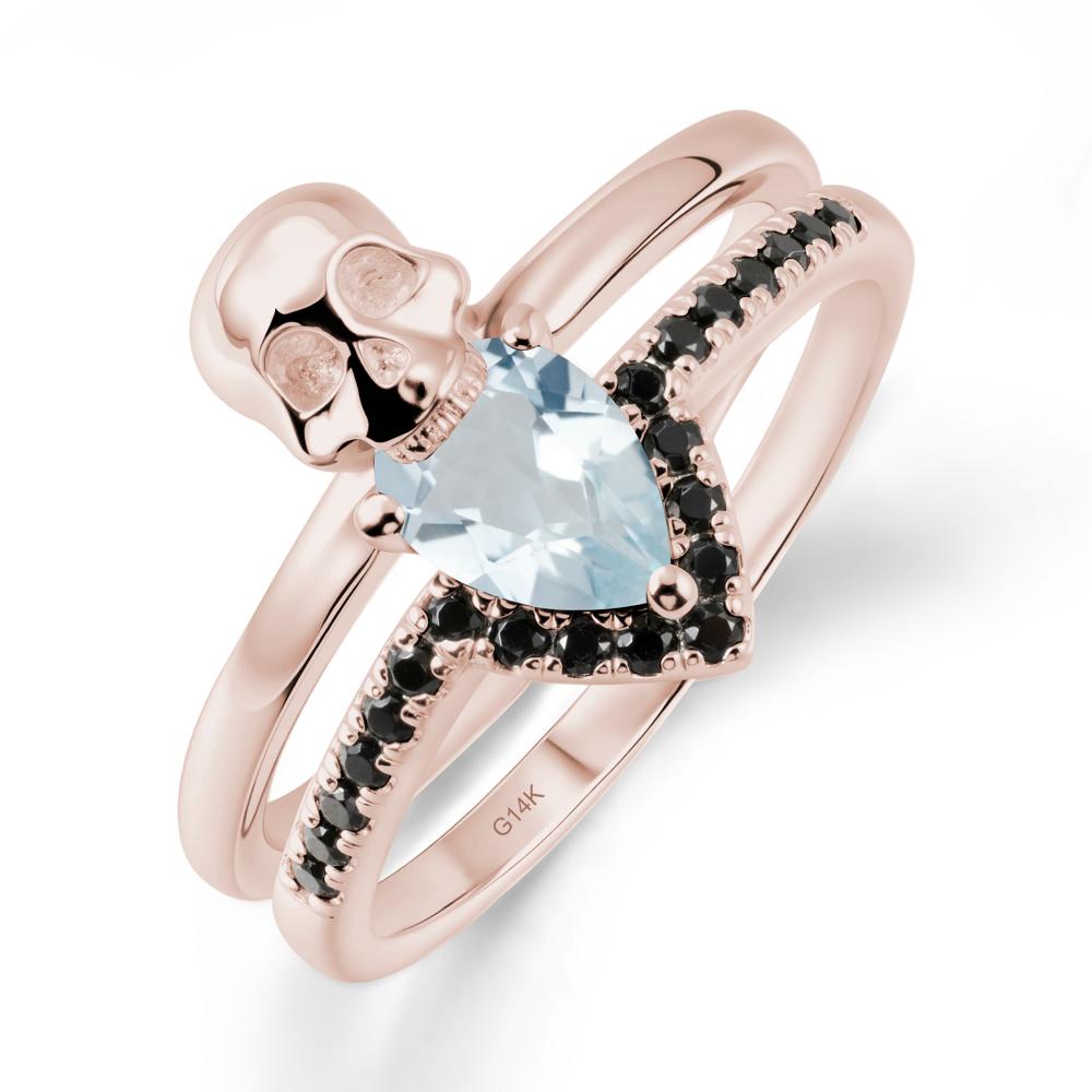 Halloween Skull Aquamarine and Black Spinel Ring - LUO Jewelry #metal_14k rose gold