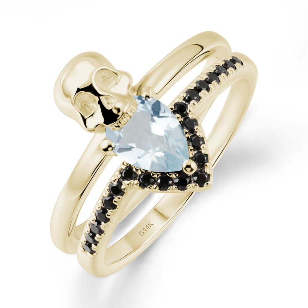 Halloween Skull Aquamarine and Black Spinel Ring - LUO Jewelry #metal_14k yellow gold