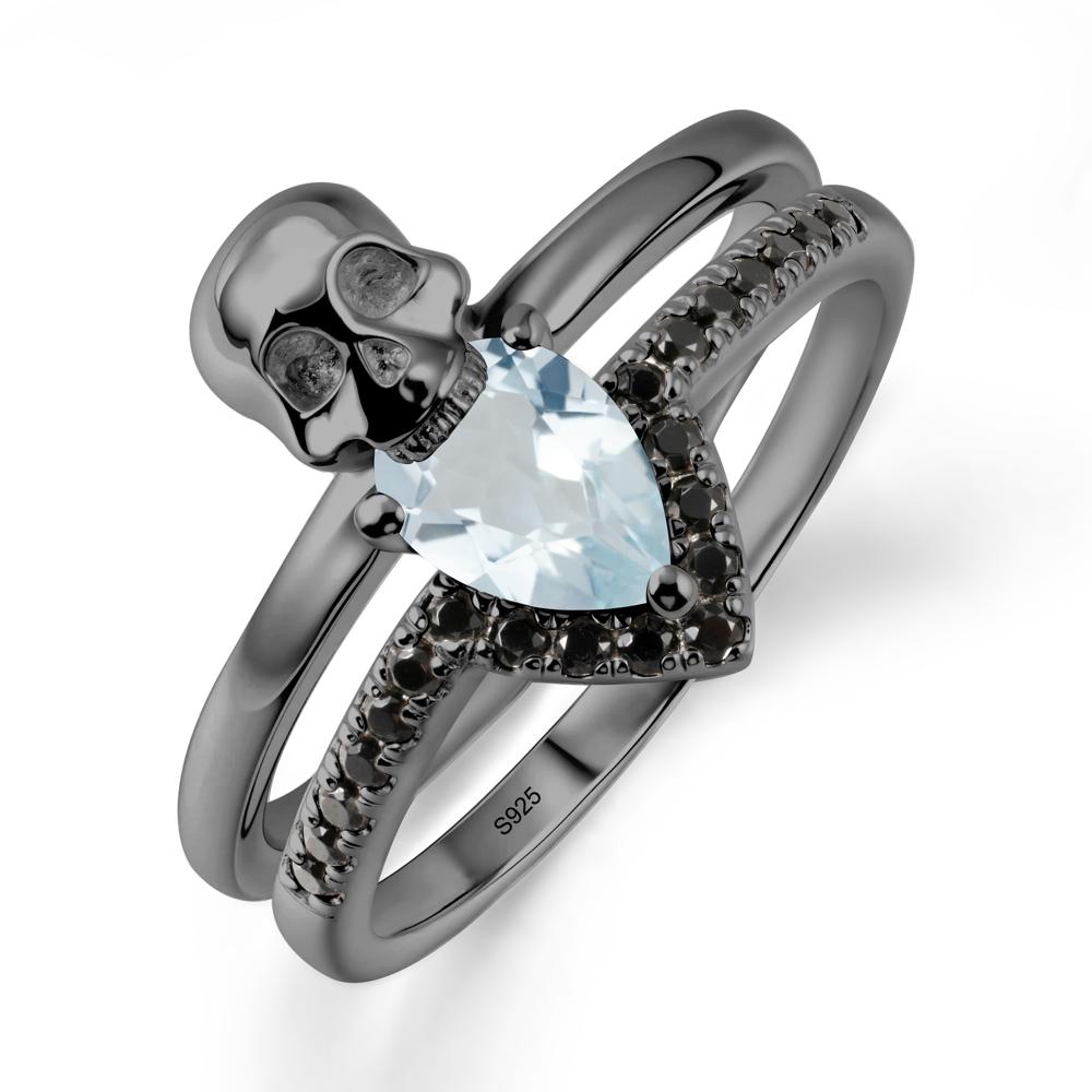 Halloween Skull Aquamarine and Black Spinel Ring - LUO Jewelry #metal_black finish sterling silver