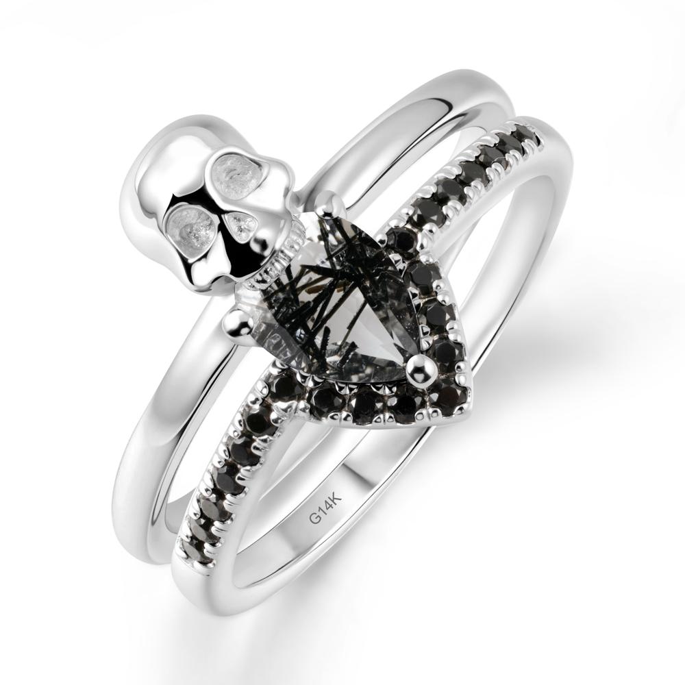 Pear Shaped Black Rutilated Quartz and Black Spinel Halloween Ring - LUO Jewelry #metal_14k white gold