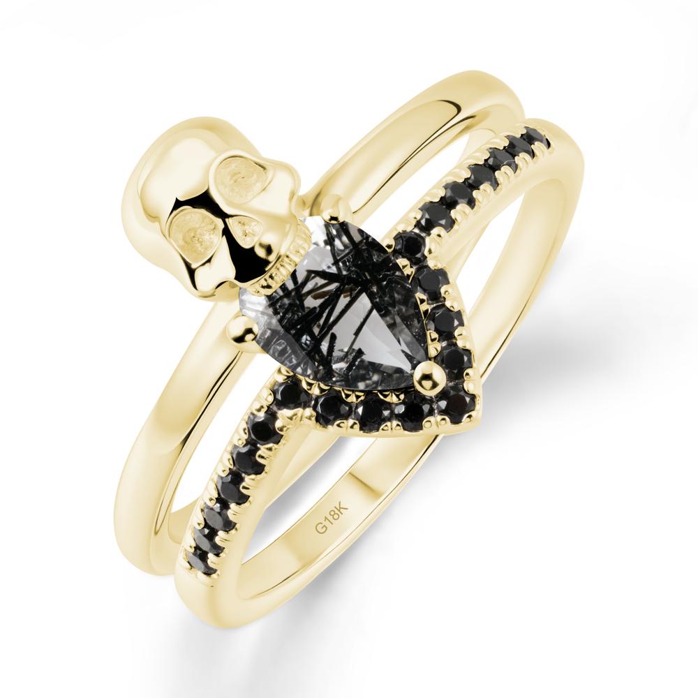 Pear Shaped Black Rutilated Quartz and Black Spinel Halloween Ring - LUO Jewelry #metal_18k yellow gold