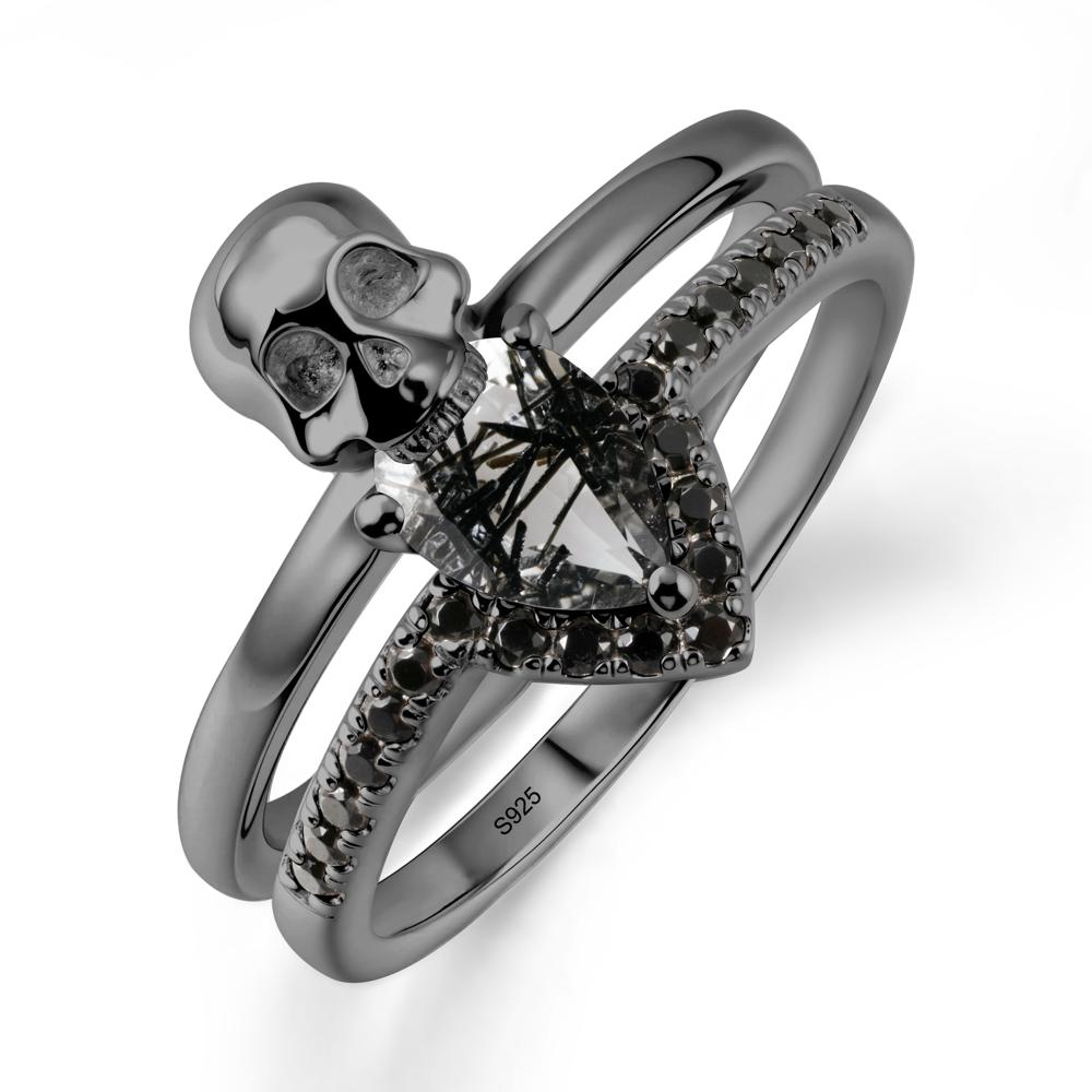 Pear Shaped Black Rutilated Quartz and Black Spinel Halloween Ring - LUO Jewelry #metal_black finish sterling silver
