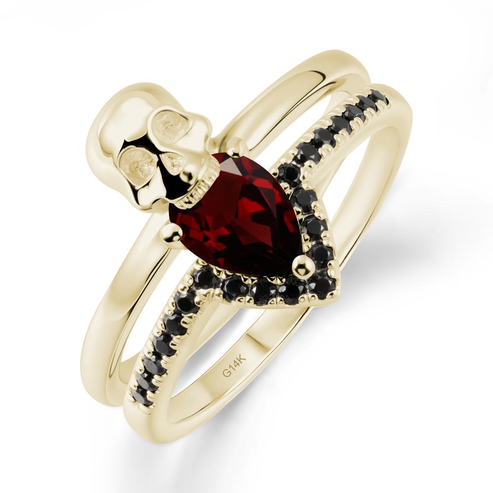 Double Band Skull Garnet and Black Spinel Ring - LUO Jewelry #metal_14k yellow gold
