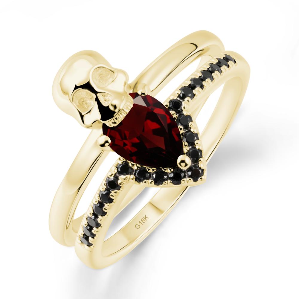 Double Band Skull Garnet and Black Spinel Ring - LUO Jewelry #metal_18k yellow gold
