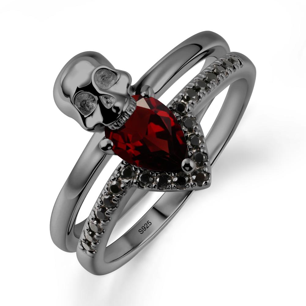 Double Band Skull Garnet and Black Spinel Ring - LUO Jewelry #metal_black finish sterling silver