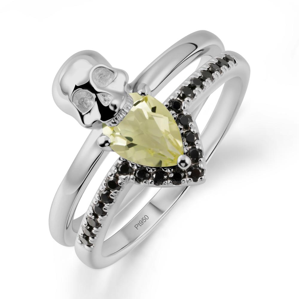 Pear Shaped Lemon Quartz and Black Spinel Halloween Ring - LUO Jewelry #metal_platinum