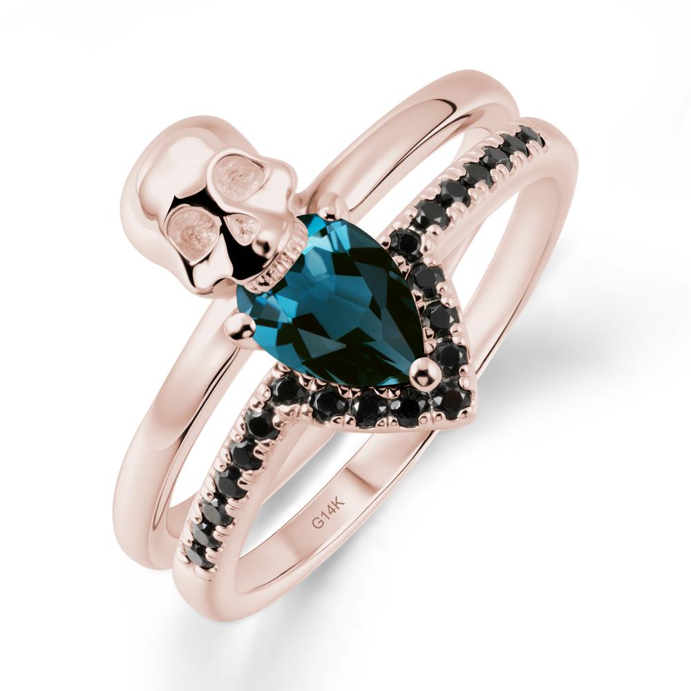 Double Band Skull London Blue Topaz and Black Spinel Ring - LUO Jewelry #metal_14k rose gold