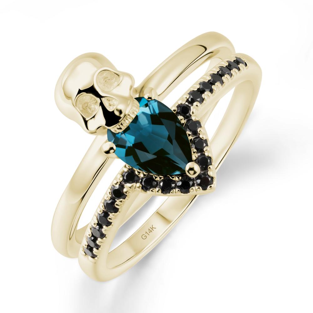 Double Band Skull London Blue Topaz and Black Spinel Ring - LUO Jewelry #metal_14k yellow gold