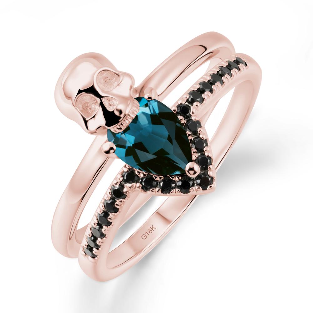 Double Band Skull London Blue Topaz and Black Spinel Ring - LUO Jewelry #metal_18k rose gold