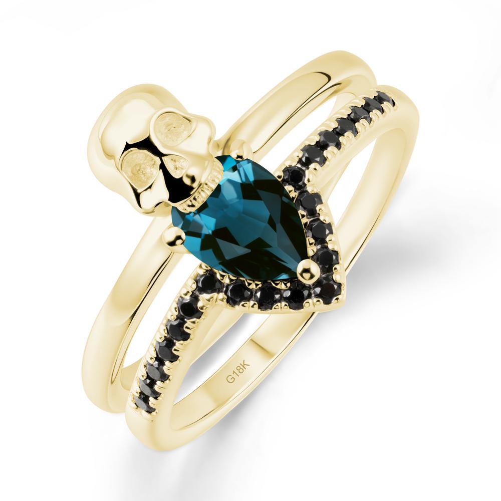 Double Band Skull London Blue Topaz and Black Spinel Ring - LUO Jewelry #metal_18k yellow gold