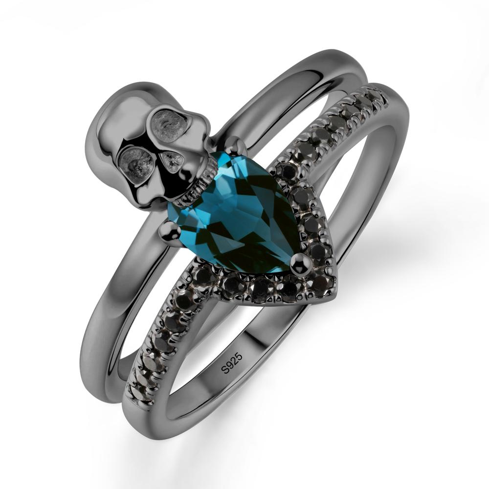 Double Band Skull London Blue Topaz and Black Spinel Ring - LUO Jewelry #metal_black finish sterling silver