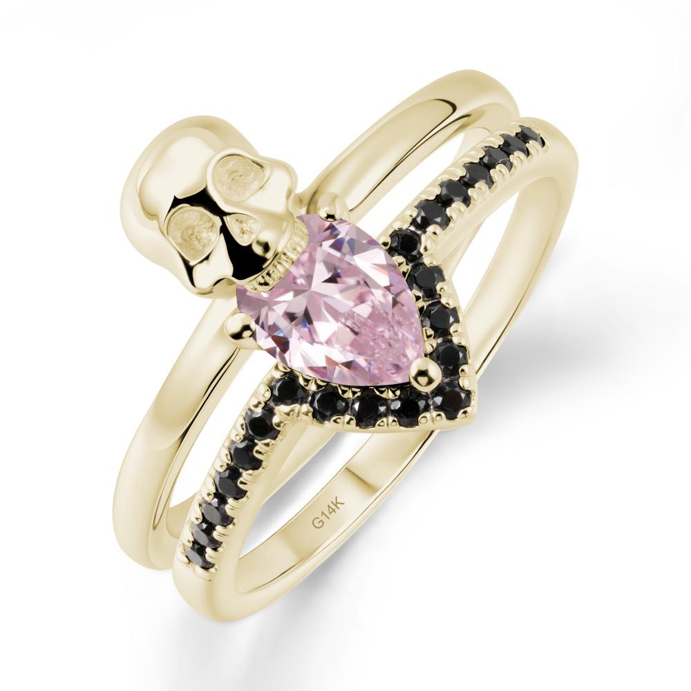 Double Band Skull Pink Cubic Zirconia and Black Spinel Ring - LUO Jewelry #metal_14k yellow gold