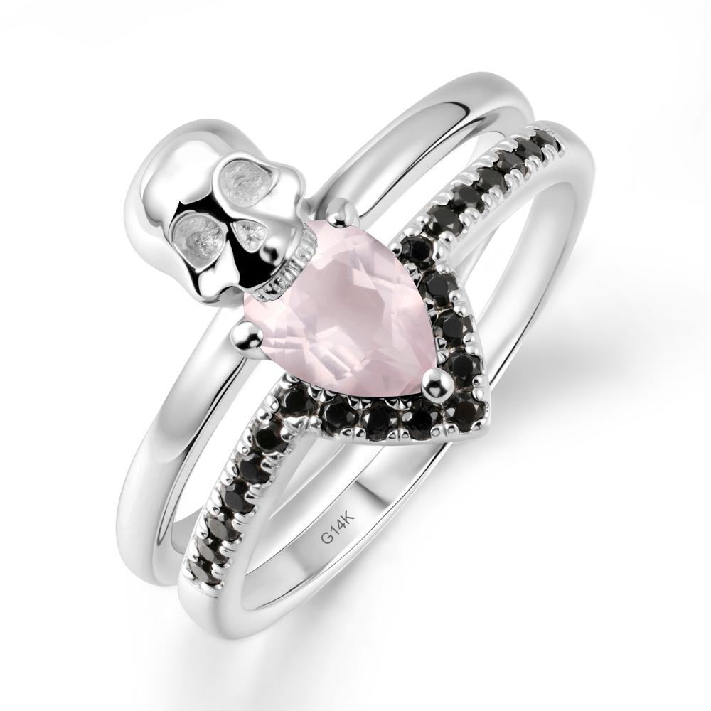 Halloween Skull Rose Quartz and Black Spinel Ring - LUO Jewelry #metal_14k white gold