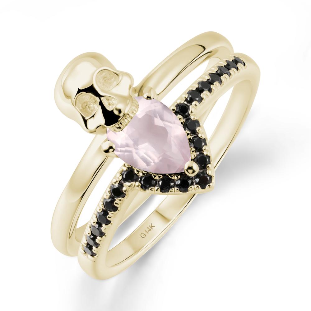 Halloween Skull Rose Quartz and Black Spinel Ring - LUO Jewelry #metal_14k yellow gold