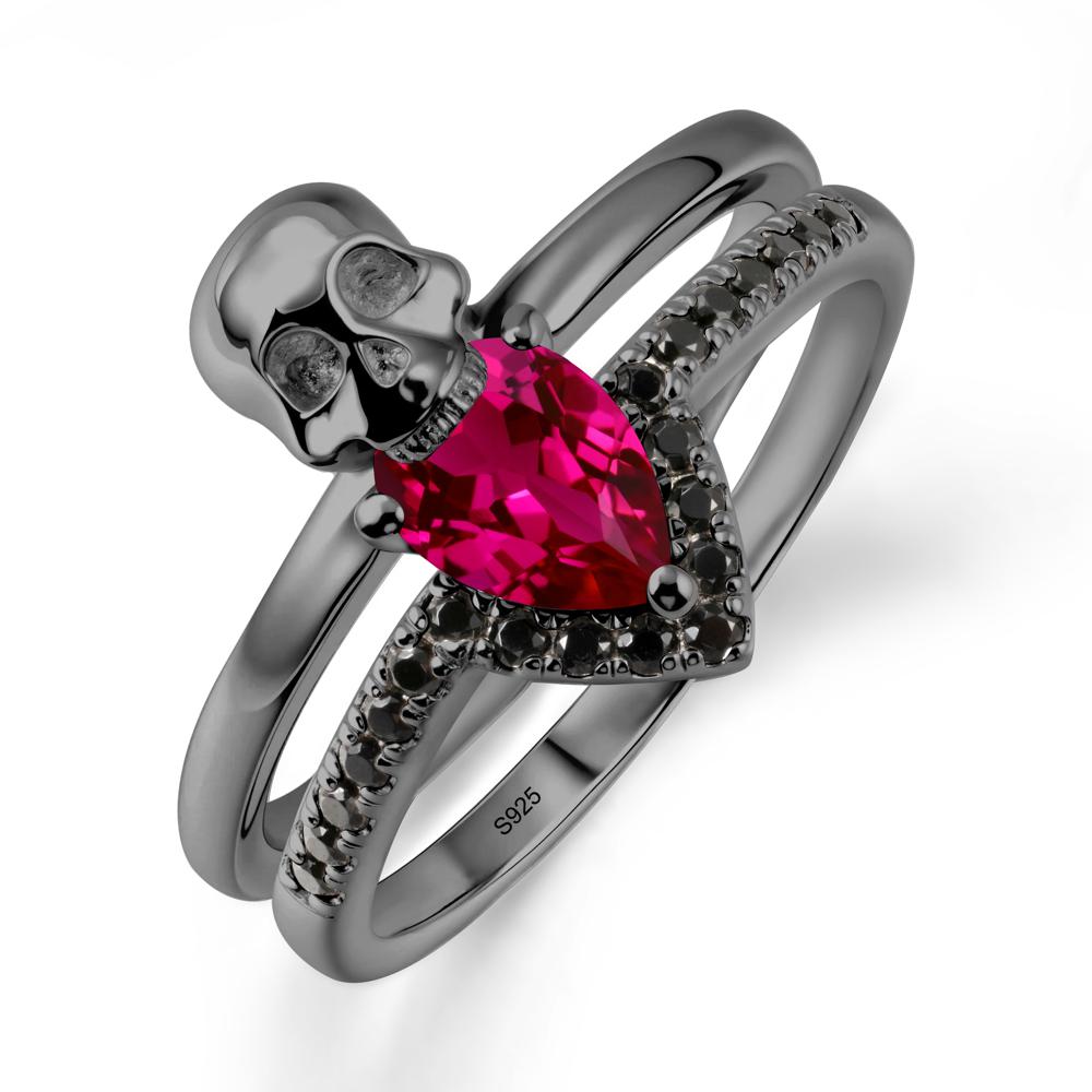 Pear Shaped Ruby and Black Spinel Halloween Ring - LUO Jewelry #metal_black finish sterling silver
