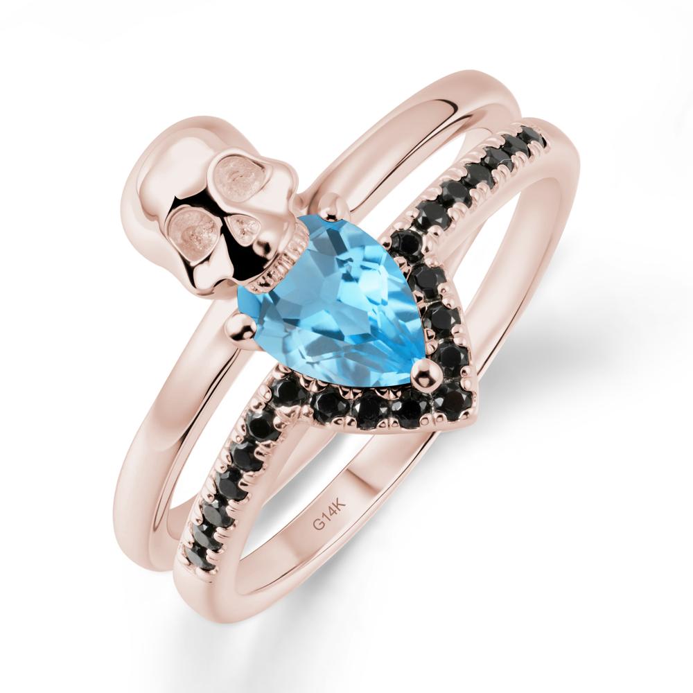 Halloween Skull Swiss Blue Topaz and Black Spinel Ring - LUO Jewelry #metal_14k rose gold